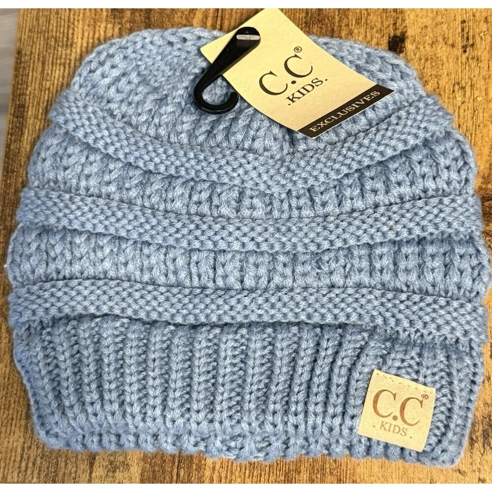C.C Kids Blue Knit Beanie Hat One Size Stretch Logo Acrylic Unisex Kids